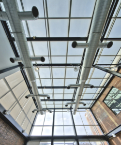 Studio Theatre glass ceiling windows worms eye view Forrester Construction