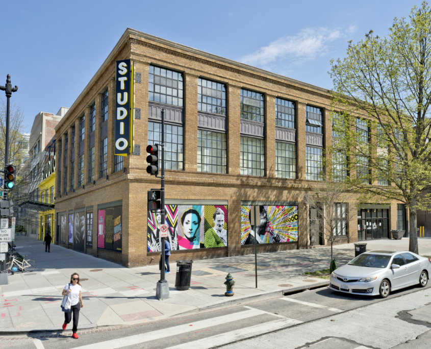 Studio Theatre exterior corner street view tan brick Forrester Construction