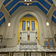 Corpus Christi Catholic Church - Interior Blue Vaulted Ceilings with Church Pews - Forrester Construction